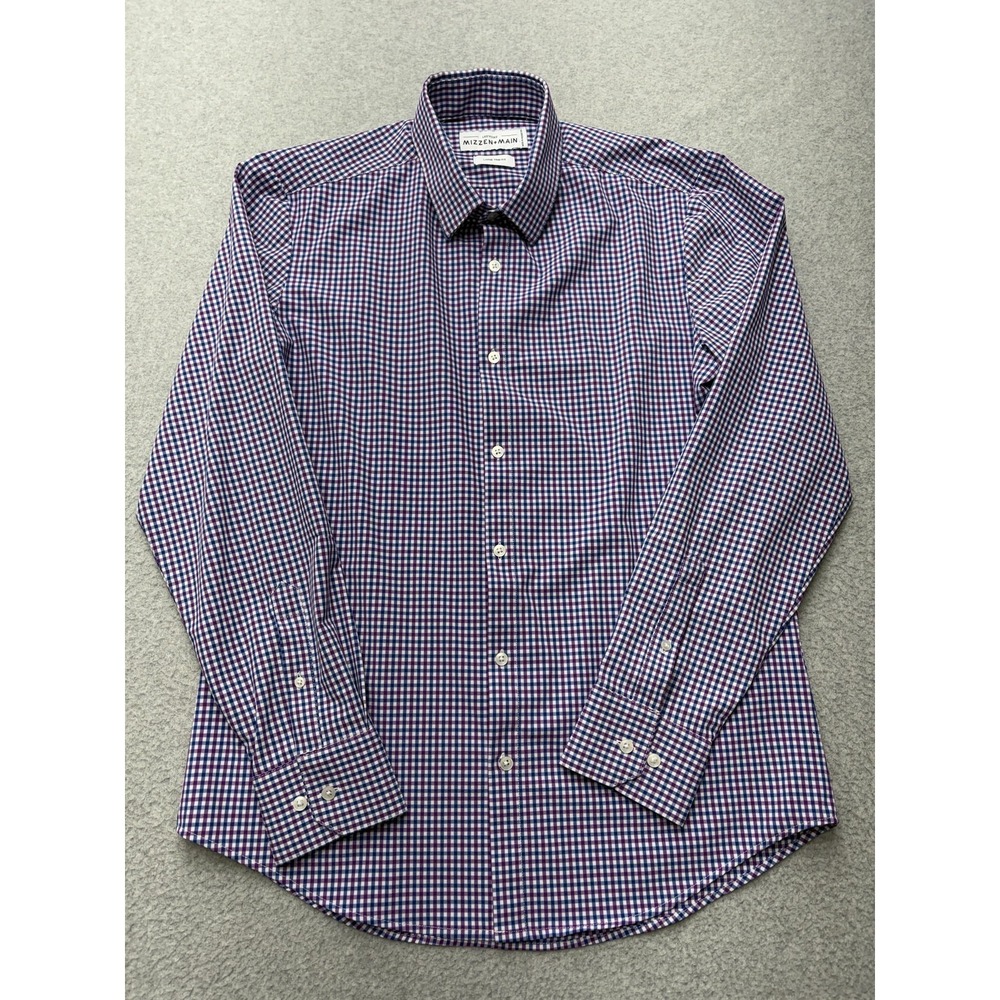 Mizzen+Main Leeward Shirt Mens Large Purple Gingham‎ Trim Fit Stretch Dress